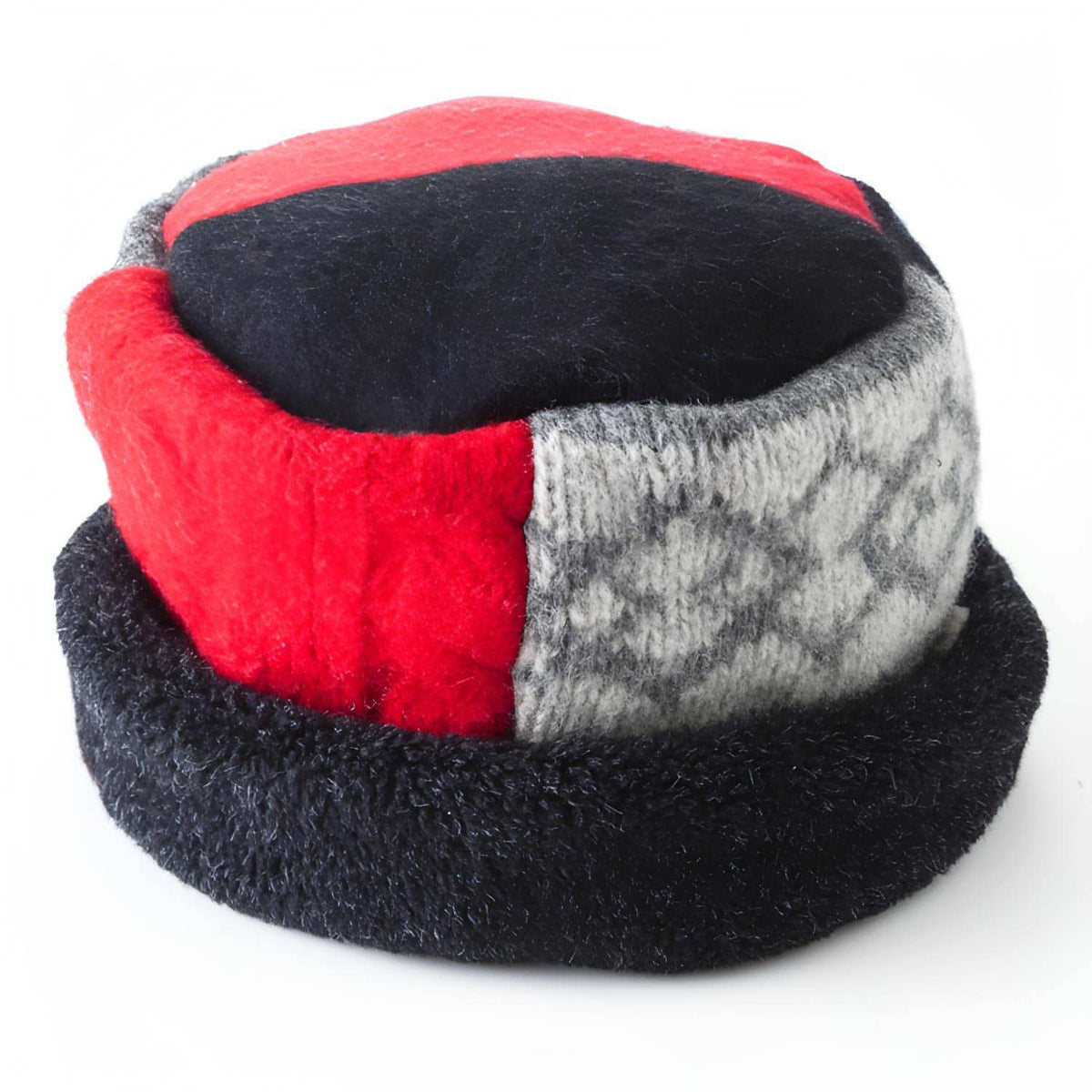 Rolled Pillbox Hat | Vintage Inspired Wool Hat | Upcycled Winter Hat Red, Black, Grey