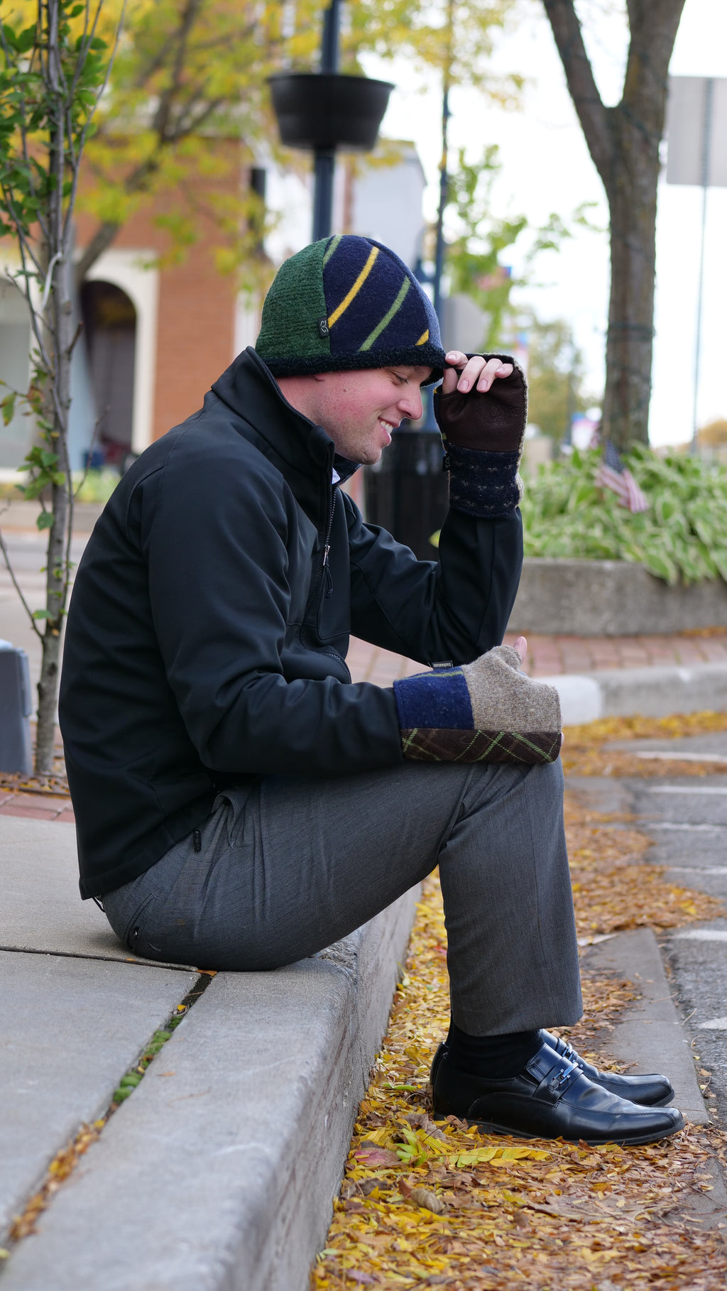 men's wool beanie hat and fingerless gloves