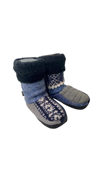 blue and gray fleece lined wool slippers