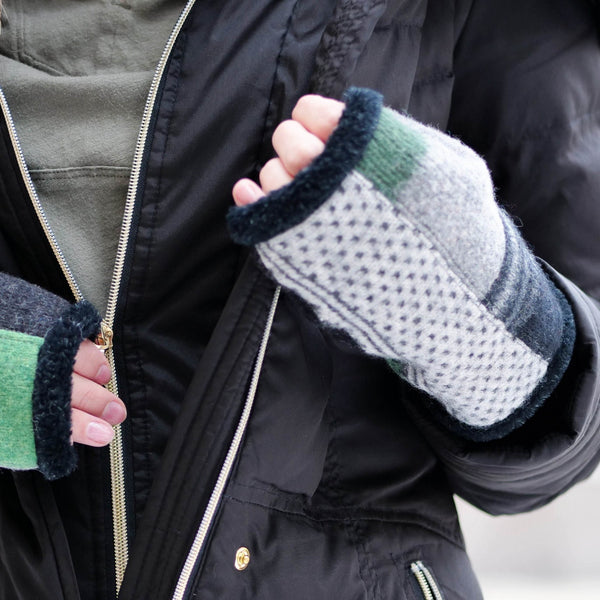 green gray arctic upcycled wool fingerless gloves with berber fleece lining