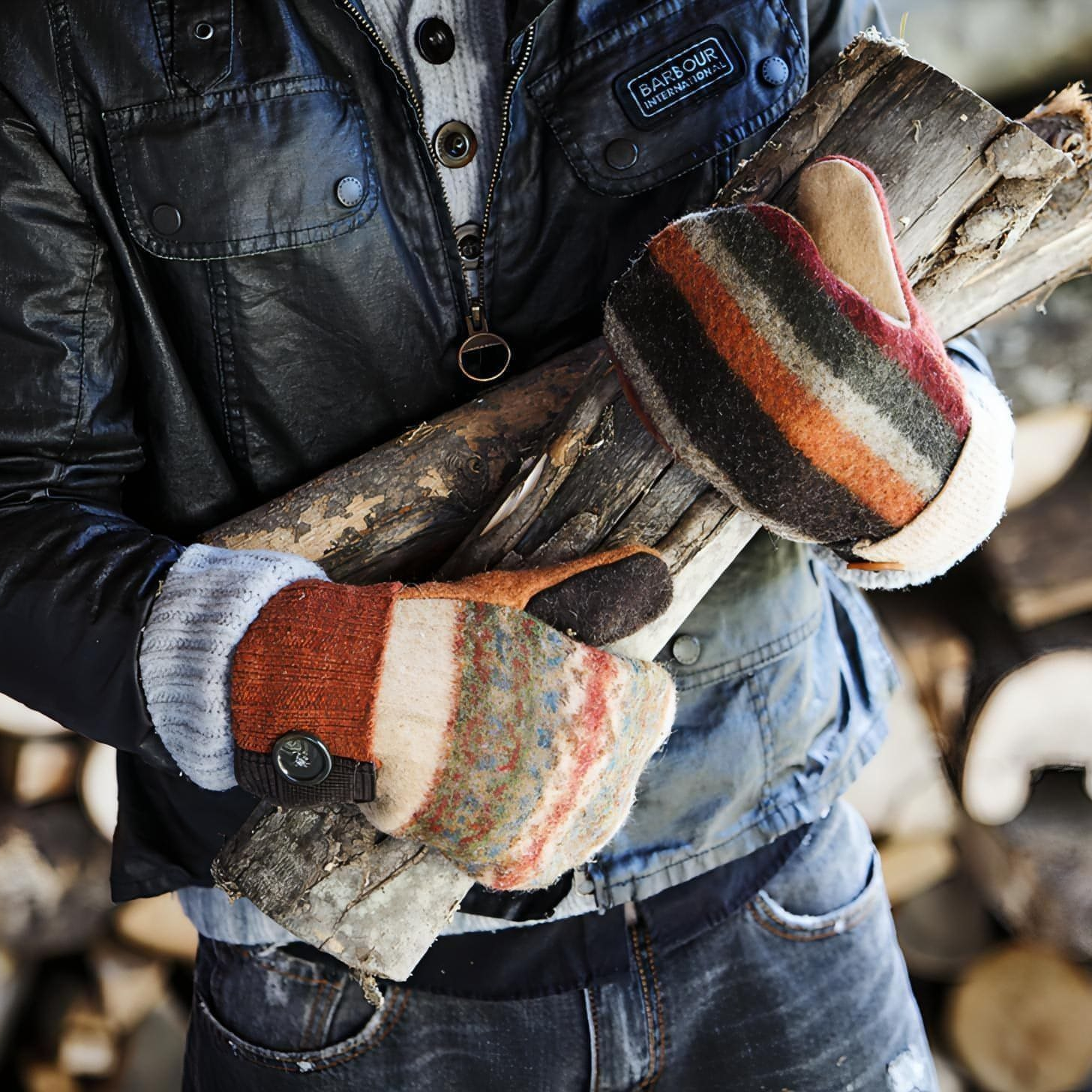 man wearing baabaazuzu sweater mittens