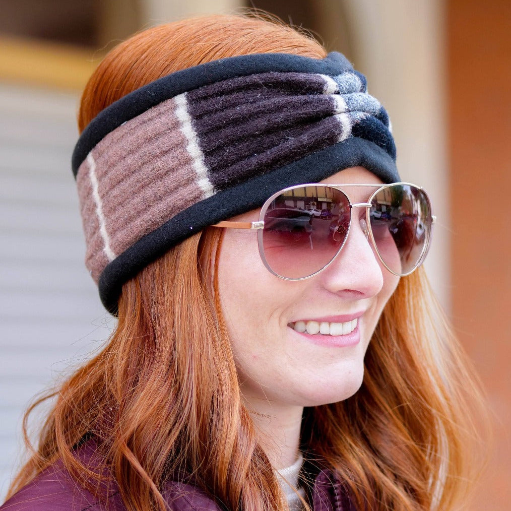 neutral cinch headband on woman wearing sunglasses